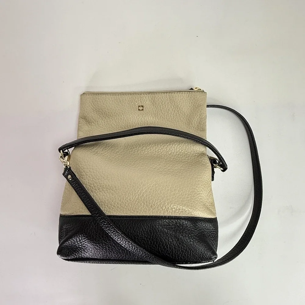 Kate Spade Crossbody Bag Womens Small Black Beige Pebbled Leather Tassel Purse
